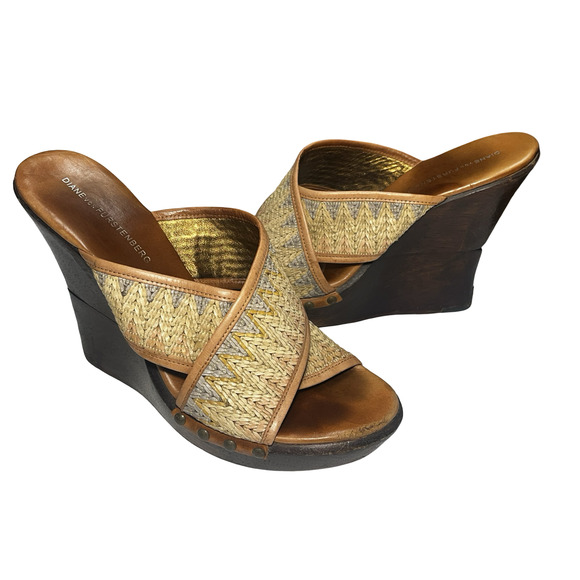 Diane von Furstenberg Shoes Womens Size 9.5 Brown Wedge Platform Sandals Raffia - Picture 1 of 10